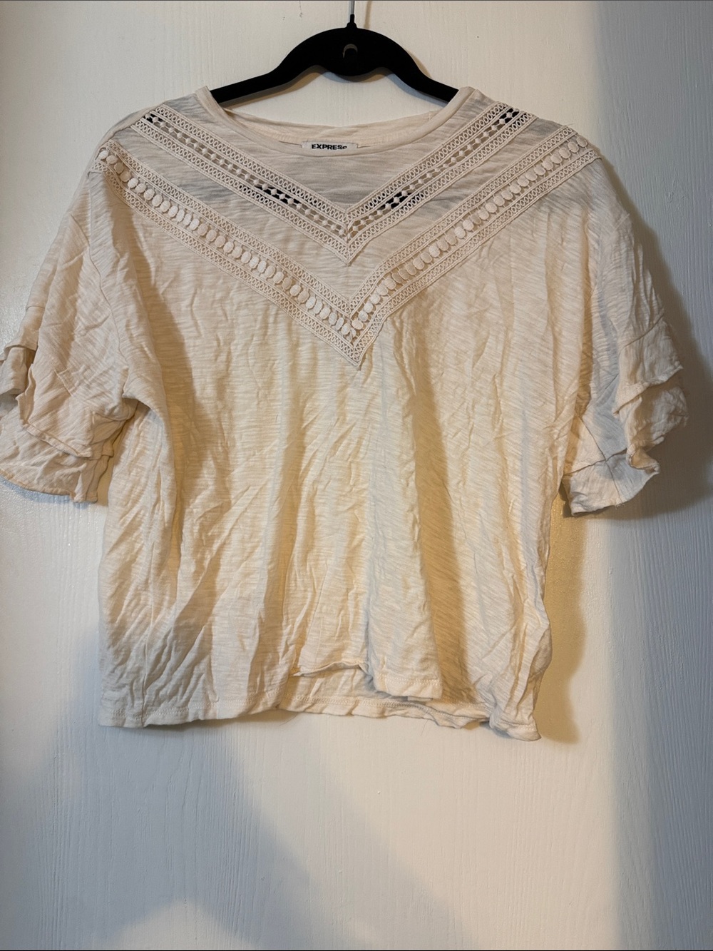 Express Cream Crochet-Trim Short Sleeve Tee
